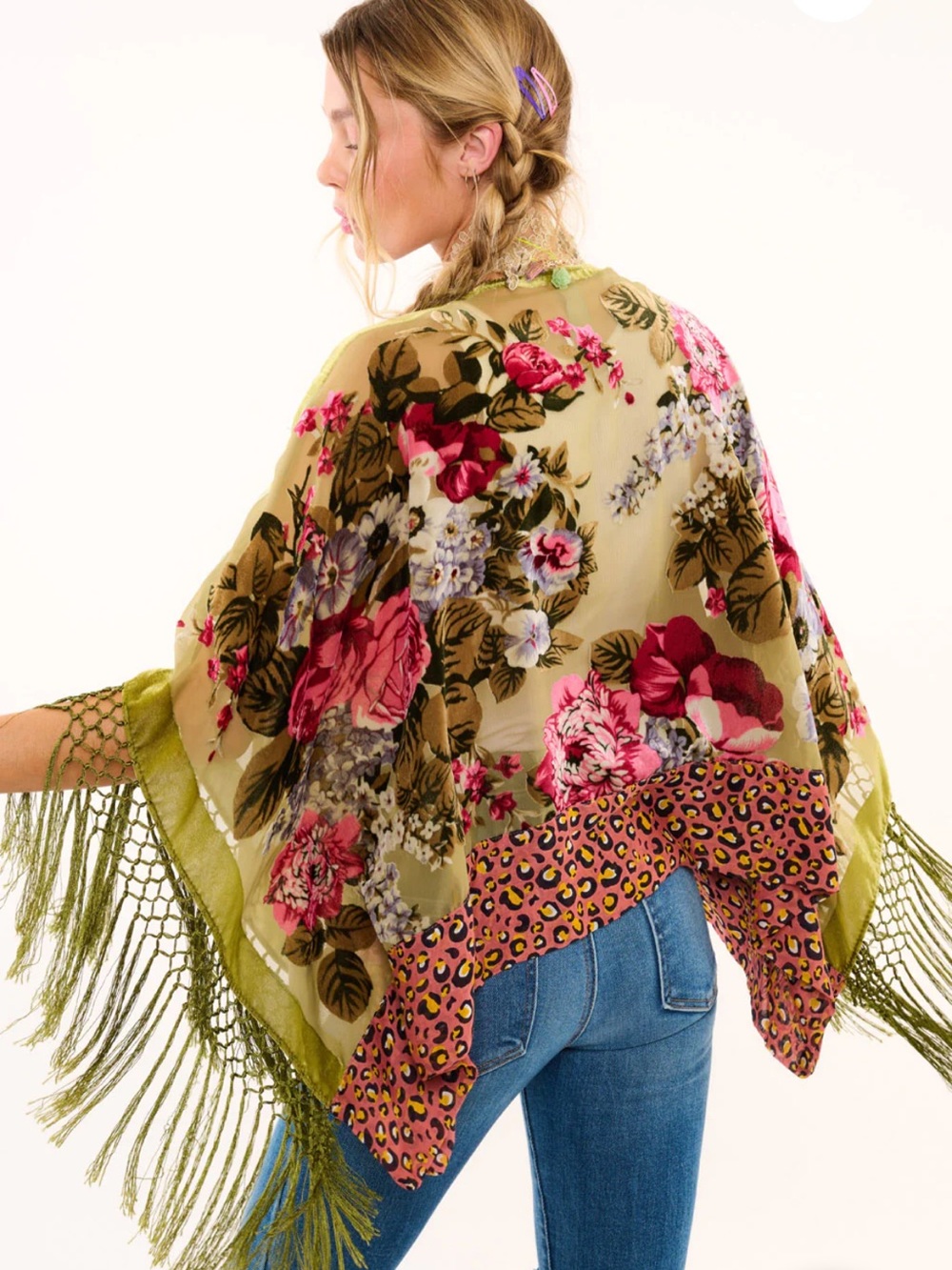 NWT RARE Aratta Camellia Burnout Velvet Fringe Kimono Cream Pink Leopard OS
